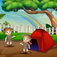 Happy explorer boy and girl in the campsite vector