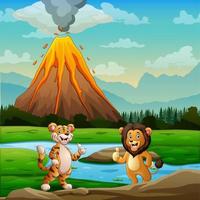 Cute lion and tiger giving thumb up at nature background