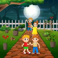 Cartoon happy children in the park at night illustration vector