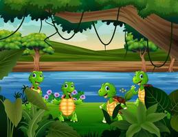 ilustración de lindas cuatro tortugas jugando junto al río vector