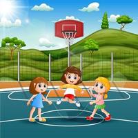 Three girls playing jump rope in the field vector