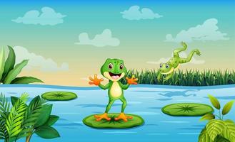 ilustración de ranas juguetonas en el estanque vector