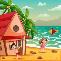 Happy the children playing kite at the beach illustration vector