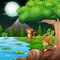 ilustración de dibujos animados de monos jugando en el paisaje nocturno vector