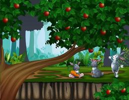 Three cute bunnies playing in the forest background