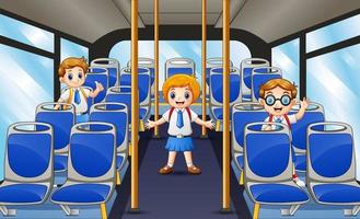 Happy school children on the school bus vector