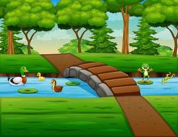 Cartoon illustration duckling and frogs playing in a river vector