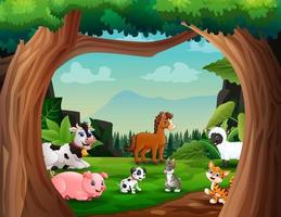 Farm animals playing in the meadow illustration vector