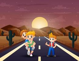 tres niños caminando por la ilustración de la carretera del desierto