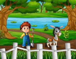joven granjero de dibujos animados con un burro en la granja vector