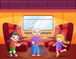 Cheerful a grandmother with her grandson in the train vector