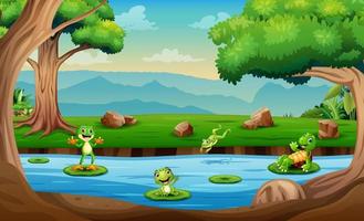 Happy turtles and frogs playing in the river illustration vector