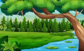 Nature forest landscape with river flowing through the meadow illustration