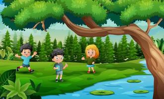 Happy children playing by the river illustration vector