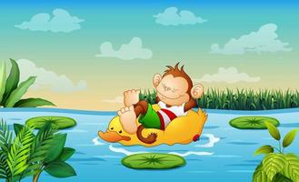 lindo un mono relajándose en un aro salvavidas de pato en la ilustración del río