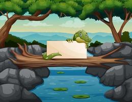 Cute a crocodile holding blank sign at the trunk above the flowing river vector