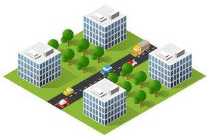 Isometric 3D illustration city urban area with a lot of houses and skyscrapers, streets, trees and vehicles vector