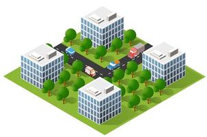ilustración 3d isométrica área urbana de la ciudad con muchas casas y rascacielos, calles, árboles y vehículos