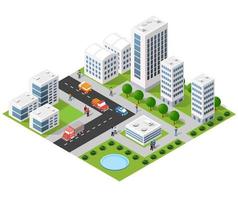ilustración 3d isométrica área urbana de la ciudad con muchas casas y rascacielos, calles, árboles y vehículos