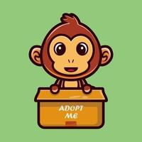 mono lindo en la ilustración de vector de personaje de dibujos animados de caja, concepto de icono animal vector premium aislado