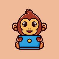 linda caricatura de mono trabajando frente a una computadora portátil. concepto de ilustración de icono de tecnología animal vector premium