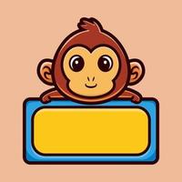 Cute monkey with empty board cartoon character premium vector