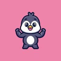 lindo personaje de dibujos animados de pingüino fuerte vector premium