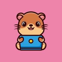 Cute otter cartoon working in front of a laptop. Animal technology icon illustration concept premium vector