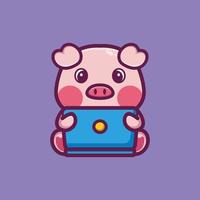 Cute pig cartoon working in front of a laptop. Animal technology icon illustration concept premium vector