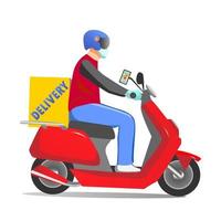 ilustración vectorial del concepto de servicio de entrega a domicilio. el mensajero en scooter lleva un pedido. vector