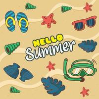 hello summer festival background with kind of items vector