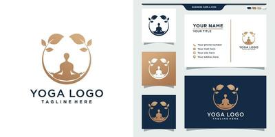 logotipo de yoga simple y elegante combinado con estilo humano, hoja y círculo. diseño de logotipo y tarjeta de visita. vector premium
