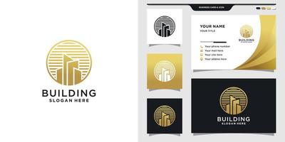 Building logo with golden style color and business card design. Premium Vector