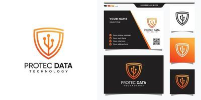 Shield logo in line art style for technology. Logo and business card design Premium Vector