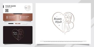 logotipo musulmán de mujer de belleza con hiyab con elemento creativo y diseño de tarjeta de visita vector premium