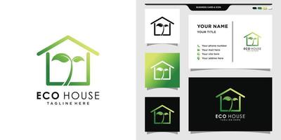 House logo with leaf style and business card design. Elegant eco house logo inspiration, illustration. Premium Vector