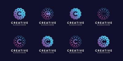 conjunto de tecnología de diseño de logotipo de monograma creativo letra inicial c con arte de línea y estilo de punto. vector premium