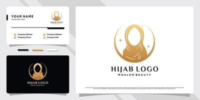 logotipo musulmán de mujer de belleza con hiyab con elemento creativo y diseño de tarjeta de visita vector premium