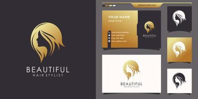 logotipo hermoso y elegante para mujer con estilo dorado y diseño de tarjeta de visita. el logo se puede usar para salón de belleza, peluquero, peluquero. vector premium