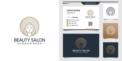 Beauty logo with woman face in line art style. Beauty logo template and business card design. Logo can be used for beauty salon, yoga, cosmetic and spa. Premium Vector