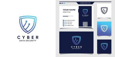 Shield logo template for security data. Cyber tech logo and business card design Premium Vector