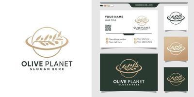 Olive planet logo with line art style and business card design Premium Vector