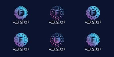 Set of monogram logo design for technology initial letter F with line art and dot style vector