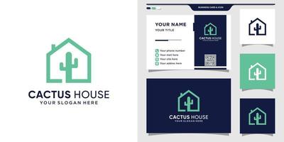 logotipo de cactus con concepto de casa y diseño de tarjeta de visita. vector premium de plantilla de diseño de logotipo de casa de cactus