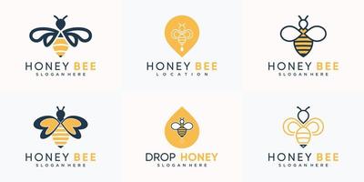 conjunto de logotipo de abeja combinado con pin y estilo de gota de agua, vector premium de diseño de logotipo de abeja de miel