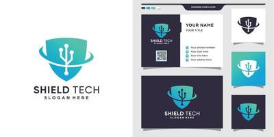 Shield logo design template for technology with creative concept and business card design. Premium Vector