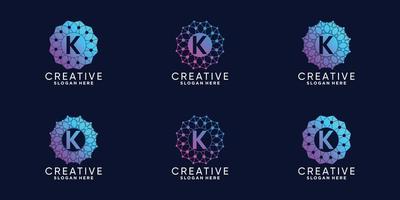 Set of monogram logo design for technology initial letter K with line art and dot style vector