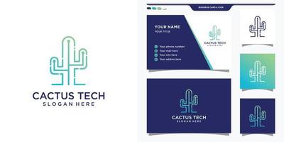 Cactus logo with gradient tech style and business card design. Cactus tech logo design template Premium Vector