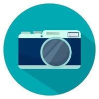 Illustration of camera in flat design with long shadow in vector. Object on blue circle on white background. Graphic modern detailed, stylish print, icon. vector