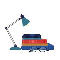 Composition stack of books, table lamp, reading glasses. Stylish, colorful. Hobby, education concept isolated on white background. Vector illustration